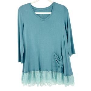 LOGO by Lori Goldstein Womens Lagenlook Lace Hem 3/4 Sleeve Tunic Blouse Size XS